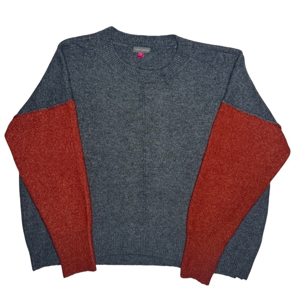 Vince‎ Camuto Womens XL Colorblock Crewneck Soft Sweater Grey Rust Orange